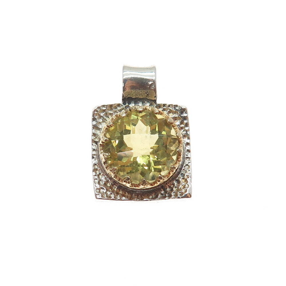 925 Sterling Silver 2-Tone Vintage Real Lime Quartz Hammered Charm Pendant - Picture 5 of 7